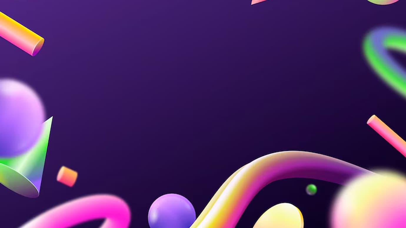 Colorful 3D abstract shapes floating on a purple background