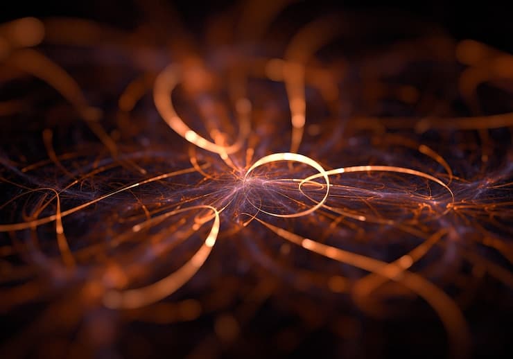 Abstract orange light trails glowing over a dark background